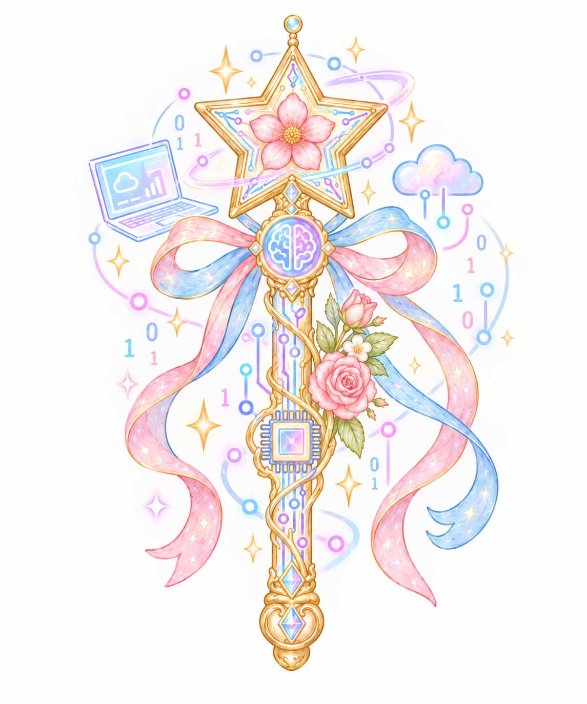 Pastel magical-tech emblem with AI, cloud and computer motifs